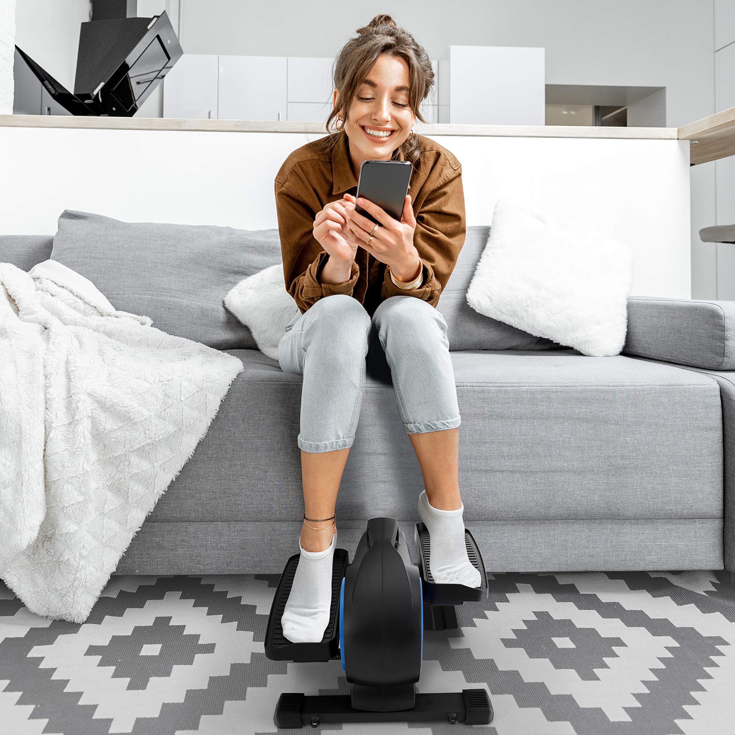 SereneLife Compact Under Desk Elliptical Machine - 8 Resistance Levels, LCD Monitor & Resistance Bands - Ergonomic Mini Exercise Bike for Home & Office - Perfect for Seniors, Adults & Leg Workouts While Sitting