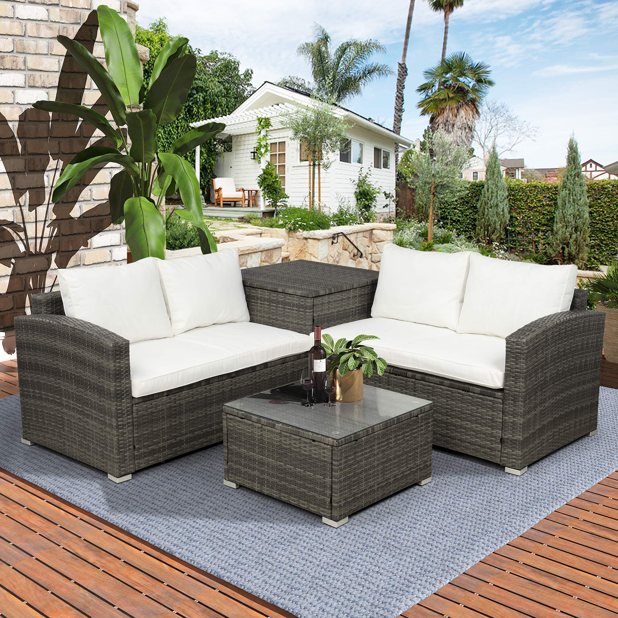 TENNTOU 4-Piece Outdoor Patio Furniture Set - Rattan Wicker Sectional Sofa with Beige Cushions for Garden, Backyard, Poolside & Balcony Relaxation