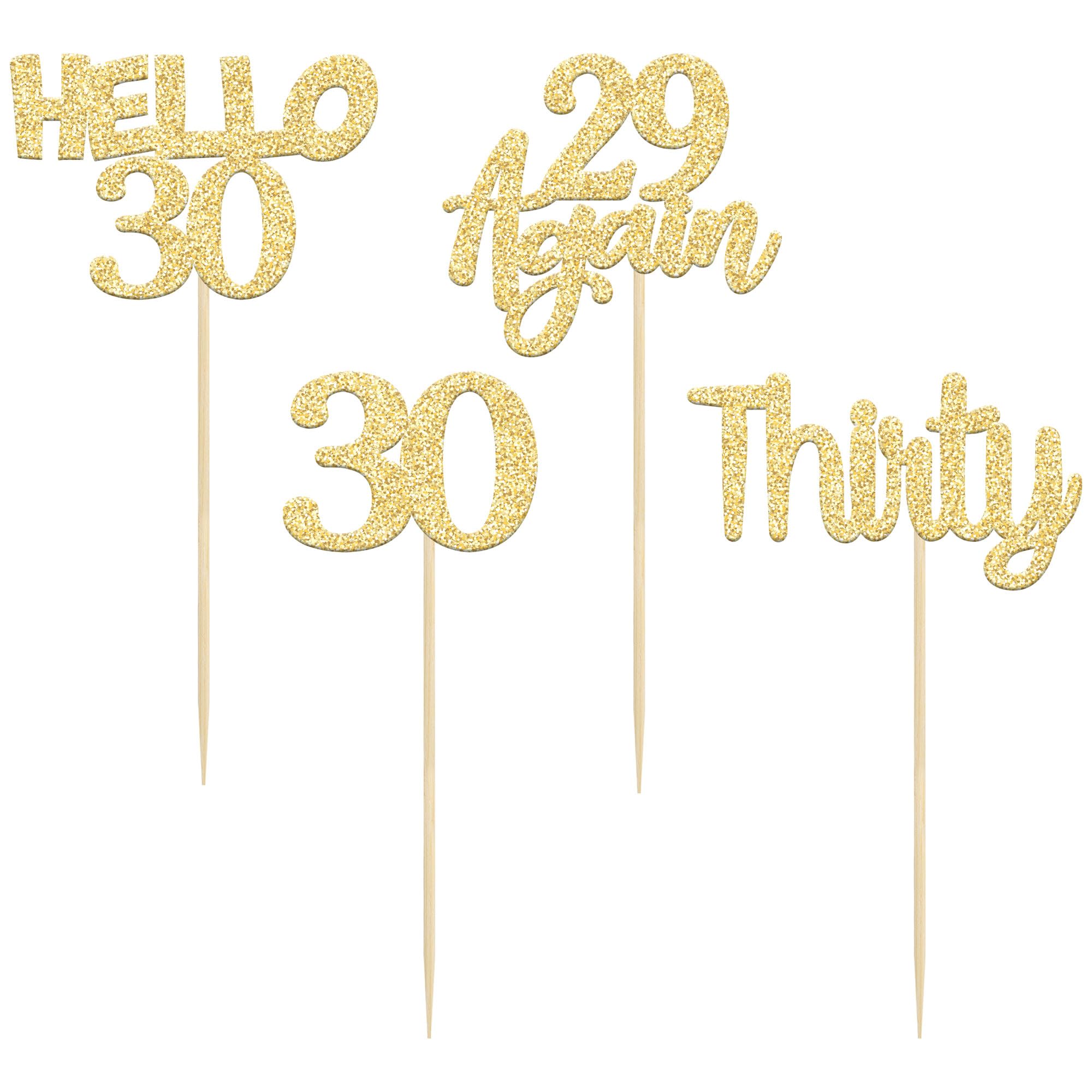 24Pcs Gold Glitter 30th Birthday Cupcake Toppers - Hello 30 Cake Decorations, Again 29 & Thirty Cupcake Picks for 30th Birthday Party, Anniversary, Milestone Celebration - Perfect for Cake Decorating Supplies & Dessert Table Displays