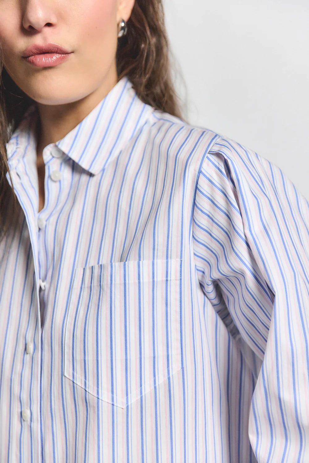 Estrella Striped Cropped Button Down Shirt - Blue Multi Color Women's Casual Top for Summer Outfits & Beach Vacations