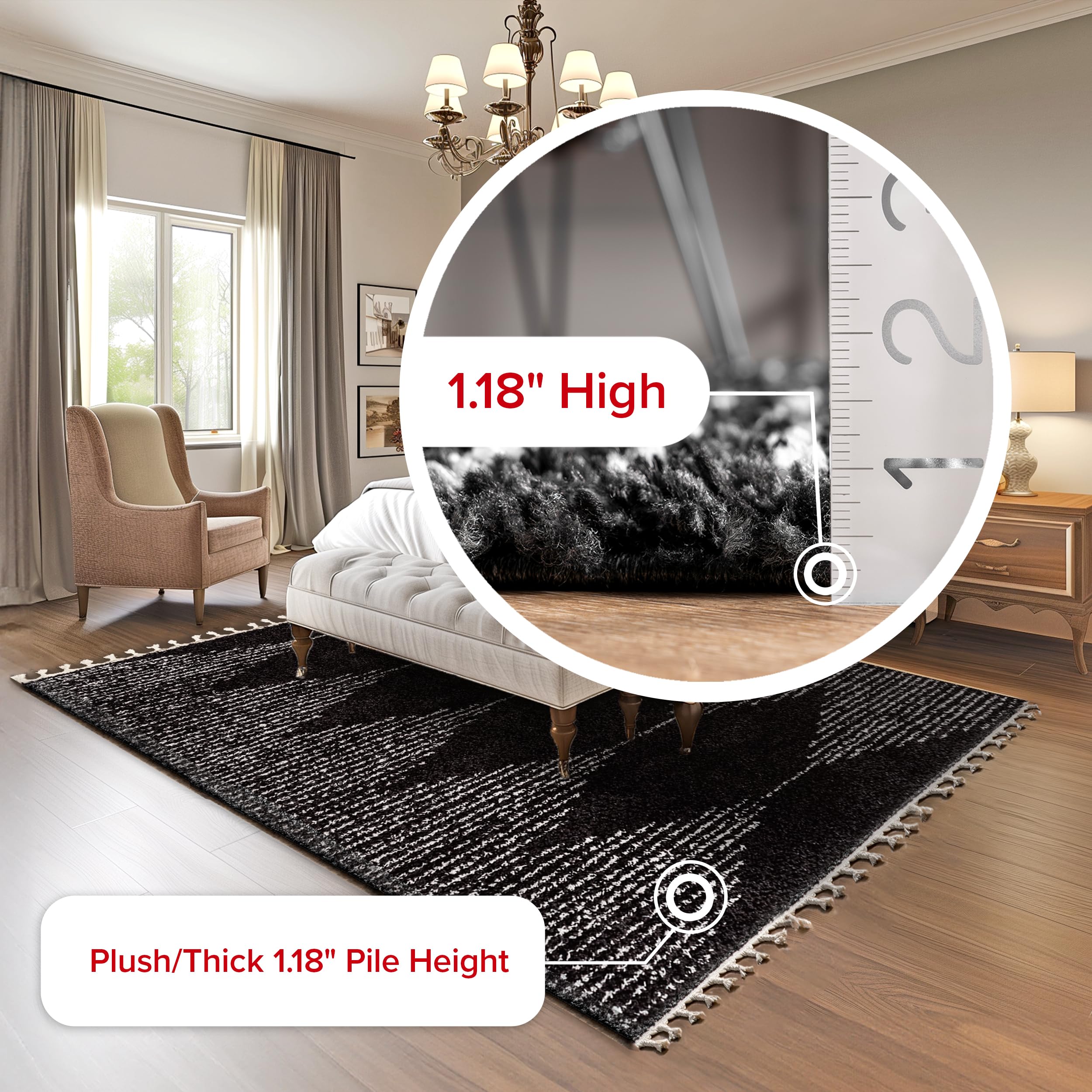nuLOOM Bria Moroccan Shag Tasseled Area Rug 3'x5' - Soft Modern Black Ivory Accent Rug for Living Room Bedroom Nursery Entryway | Plush Floor Decor for Cozy Home & Office Spaces