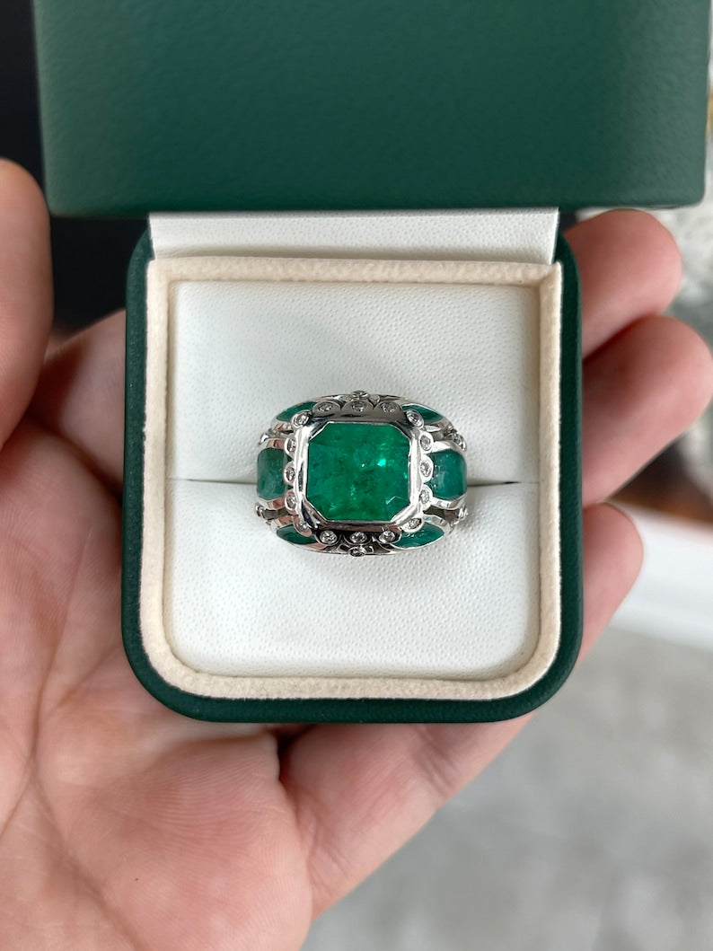4.88tcw 18K Vivid Dark Green Emerald Enamel Diamond Men's Statement Cocktail Ring - Luxury Jewelry for Men, Wedding, Anniversary & Special Occasions