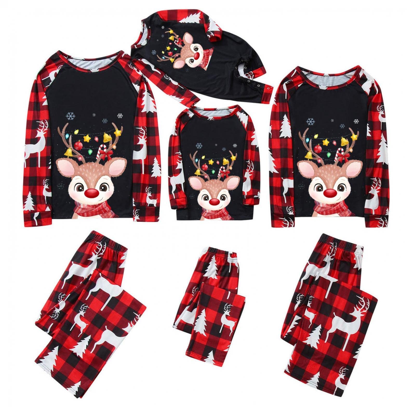 Christmas Family Matching Pajama Sets - Black & Red Reindeer Top + Plaid Pants, Cozy Sleepwear for Holiday Gatherings & Festive Photos