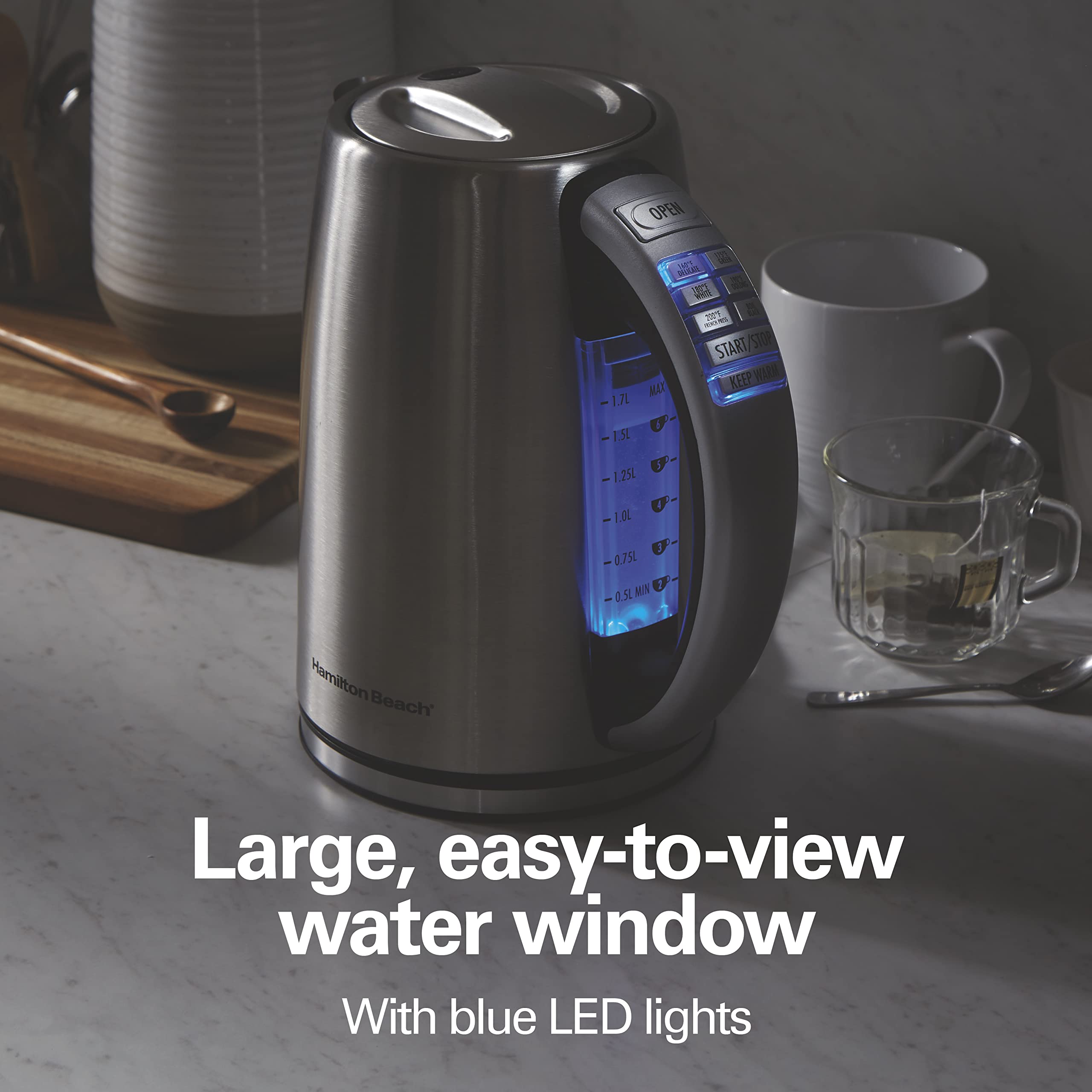 Hamilton Beach 1.7L Electric Kettle - Fast 1500W, BPA Free, Stainless Steel, Auto Shut-Off & Boil-Dry Protection - Perfect for Tea, Coffee & Instant Meals in Home, Office or Dorm
