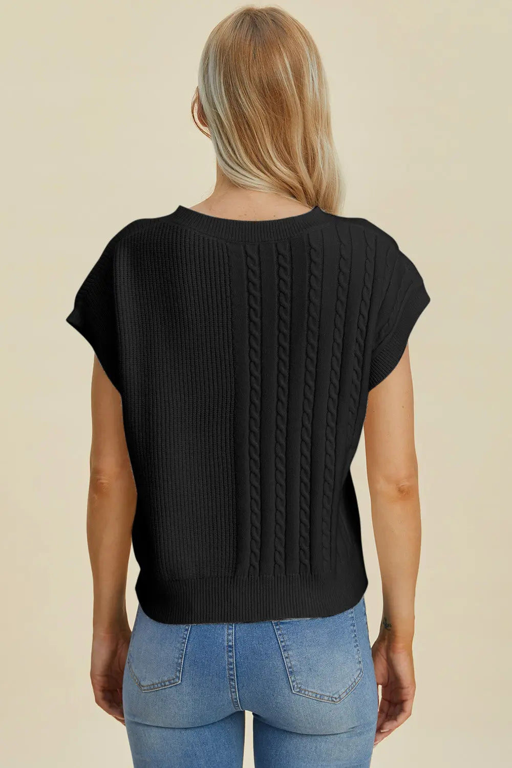 Double Take Full Size Cable Knit Round Neck Short Sleeve Sweater for Women - Cozy Casual Pullover Top for Fall & Winter - Perfect for Office, Date Night and Weekend Outings