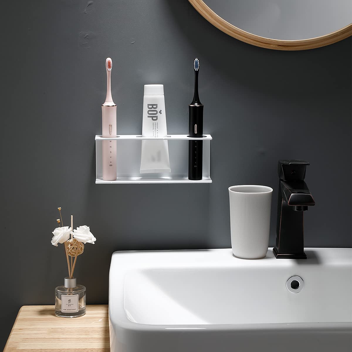 Wall Mounted Electric Toothbrush Holder for 2 - No Drill Adhesive Bathroom Organizer, Black (2 Pack) | Perfect for Couples & Small Bathroom Spaces