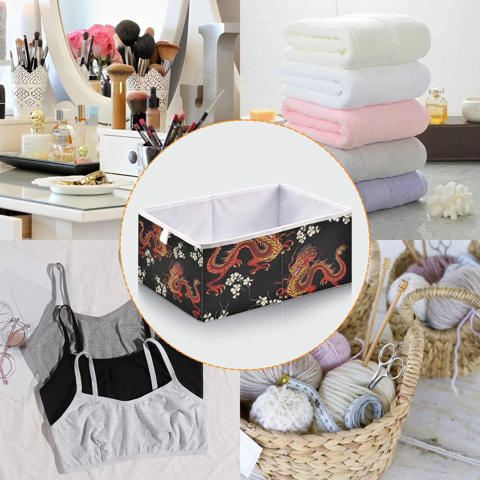 Large Collapsible Dragon Floral Storage Basket - Rectangular Storage Bin & Toy Organizer for Home, Laundry Room | Perfect for Kids' Toys, Blankets & Clothes Organization