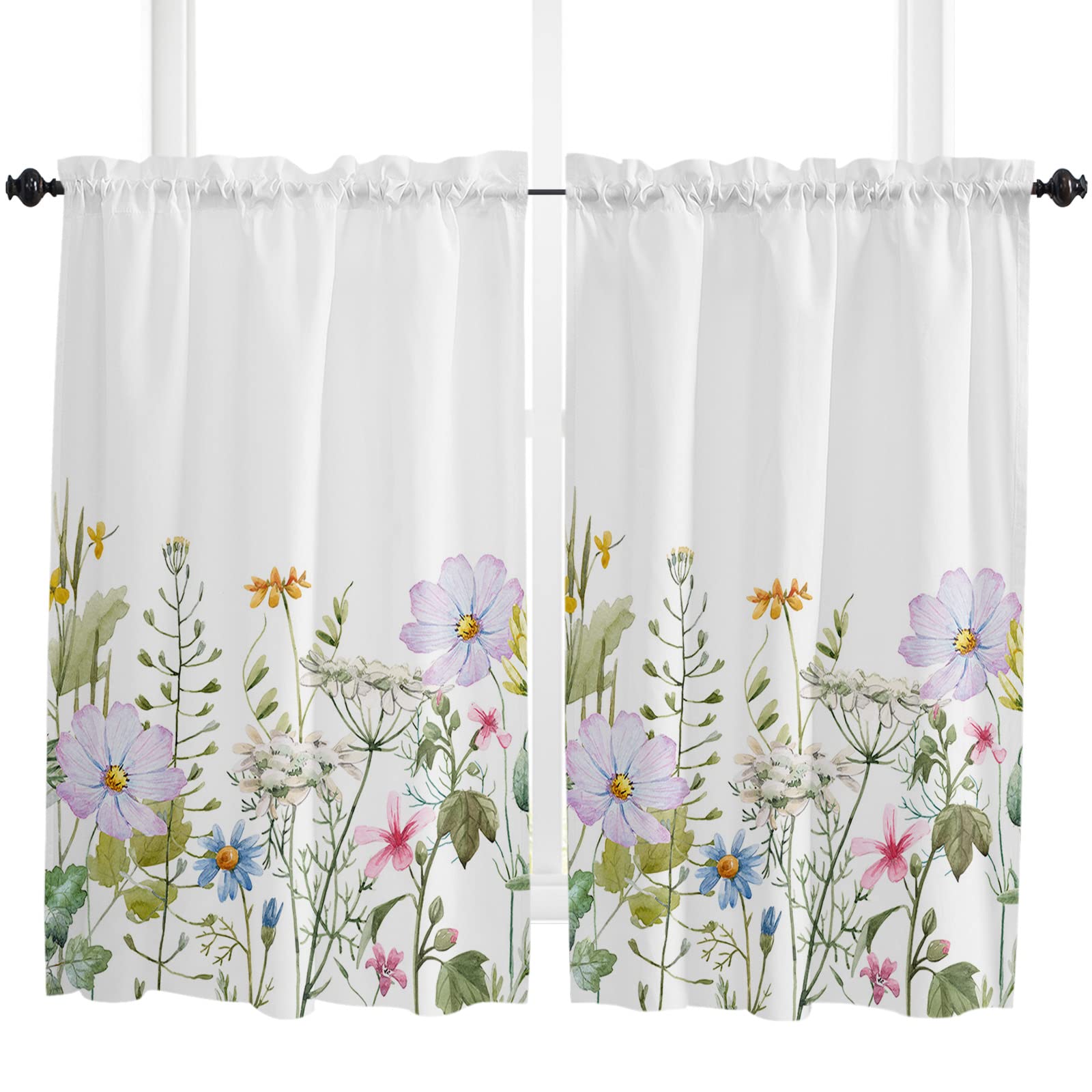 Colorful Wildflower Tier Curtains 27.5 x 45 Inches - Long Wide Pocket Kitchen & Bedroom Window Treatments | French Door & Half Window Curtains for Patio, Living Room & Dining Room Decor