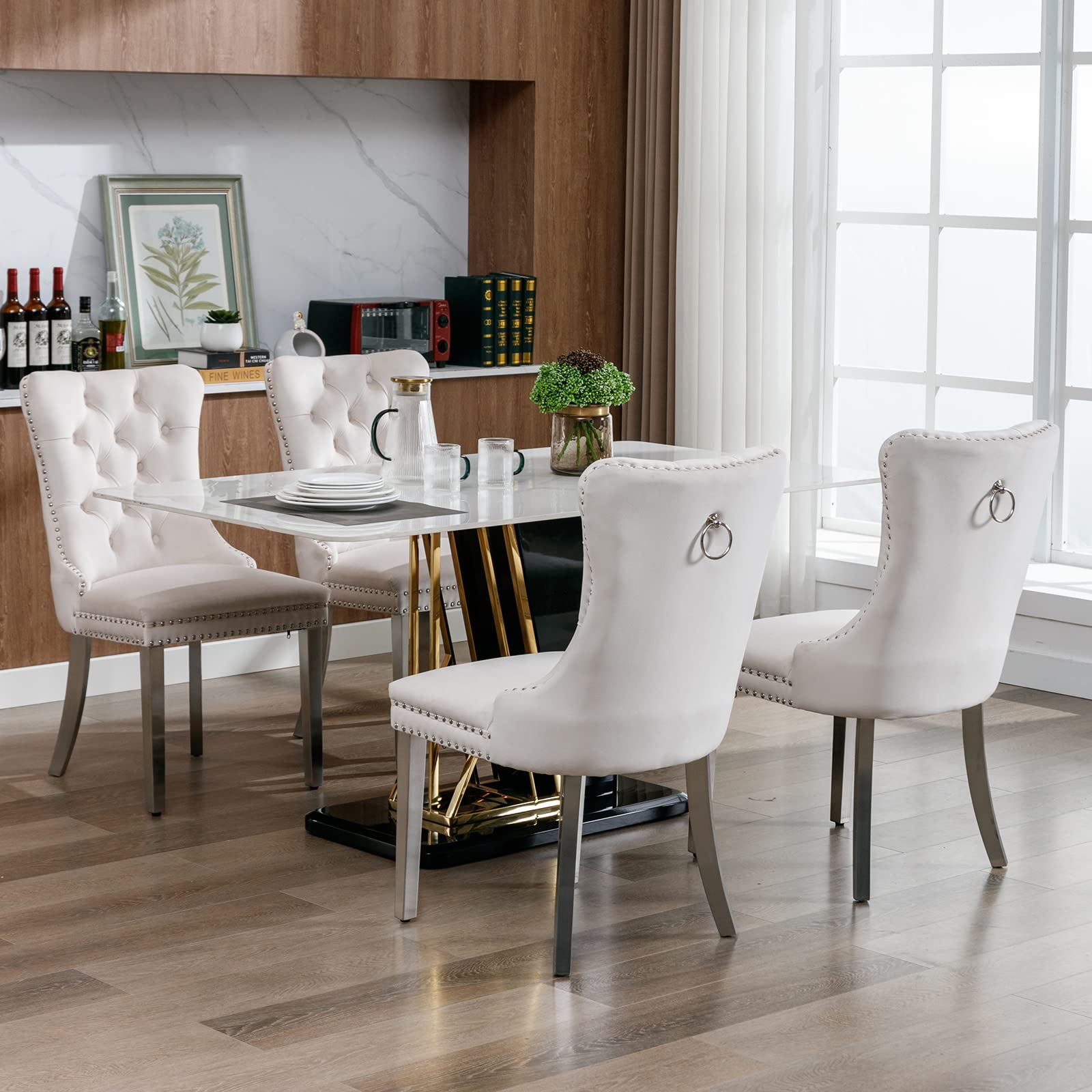 Luxury Velvet Dining Chairs Set of 2 - Tufted Upholstered Kitchen & Dining Room Chairs with Chrome Metal Legs, Beige - Perfect for Modern Home, Restaurant, and Office Decor