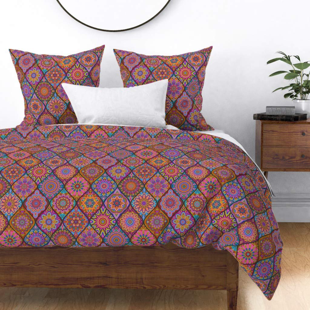 Premium Cotton Sateen Duvet Cover Full/Queen Size - Bohemian Ogee Tile Print Bedding Set | Soft & Breathable for All Seasons | Perfect for Master Bedroom, Guest Room & Dorm Decor
