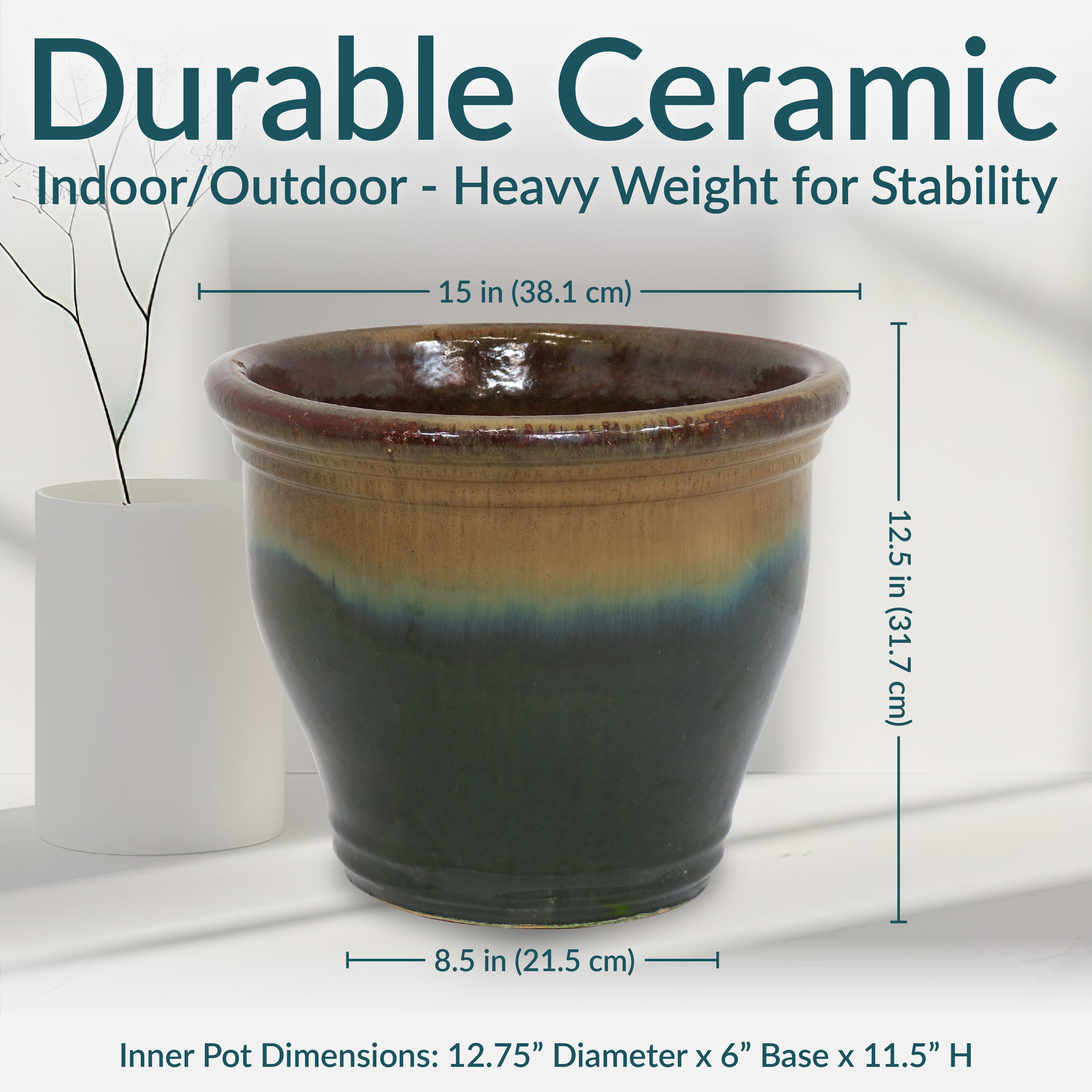 Sunnydaze Studio Round Glazed Ceramic Planter with Drainage Hole - Indoor Outdoor Flower Pot for Plants, Succulents, Herbs - Perfect for Patio, Garden, Balcony Decor