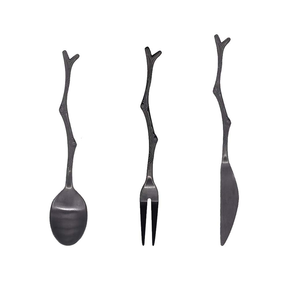 Cabilock 3-Piece Stainless Steel Flatware Set - Steak Forks, Espresso Spoons & Serving Forks - Elegant Antique Black Silverware for Dining, Coffee & Fruit Serving - Perfect for Restaurants, Dinner Parties & Home Entertaining