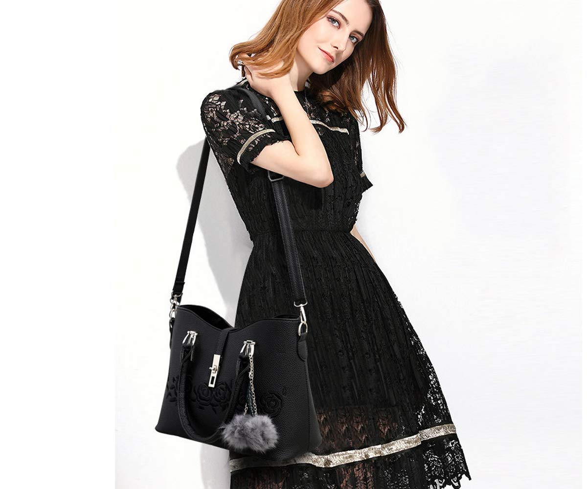 Women's PU Leather Messenger Bag with Rose Embroidery - 3 Piece Set (Tote, Crossbody Bag & Wallet) for Work, Travel & Everyday Use