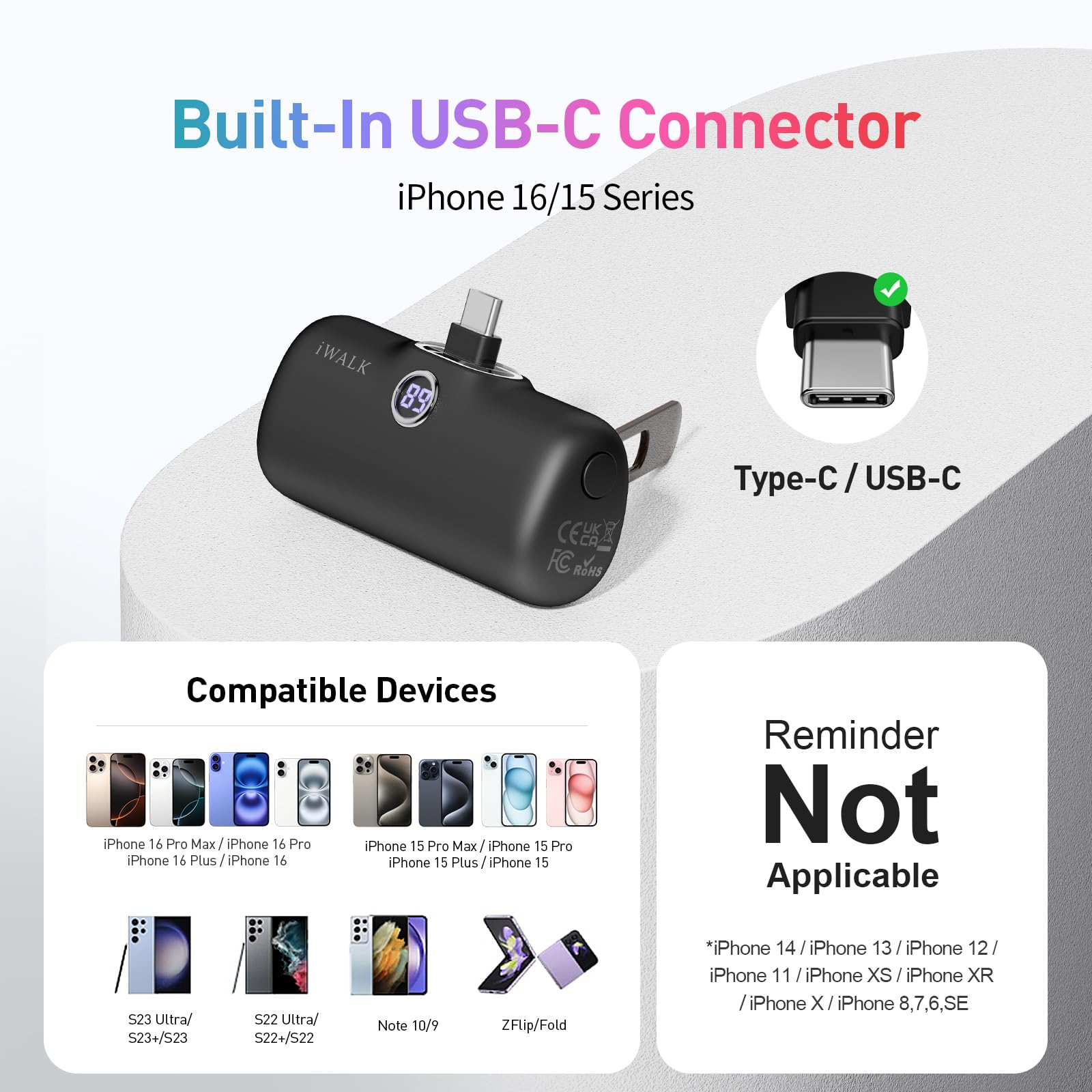 iWALK Small Portable Charger 5000mAh Power Bank - 20W PD Fast Charging USB-C Battery Pack with LED Display | Compatible with iPhone 16/15/15 Plus/15 Pro/15 Pro Max & Samsung Galaxy | Perfect for Travel, Camping & Emergency Charging