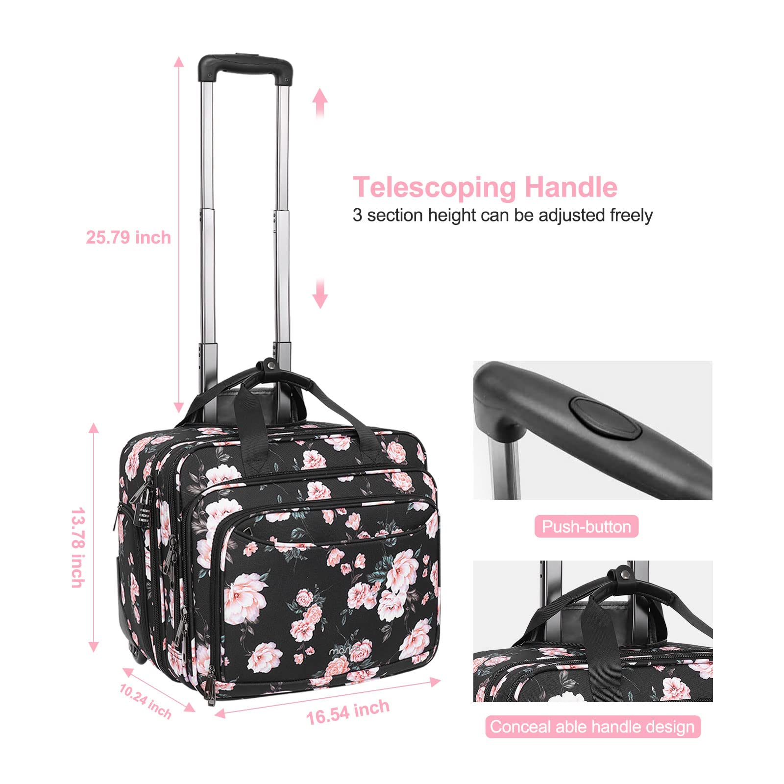 MOSISO 15.6 Inch Rolling Laptop Bag for Women - Secure Coded Lock, 2-Wheel Design with Belt - Black Rolling Briefcase for Business Travel & Overnight Trips | Perfect for Office Commute, Business Meetings & Airplane Carry-On