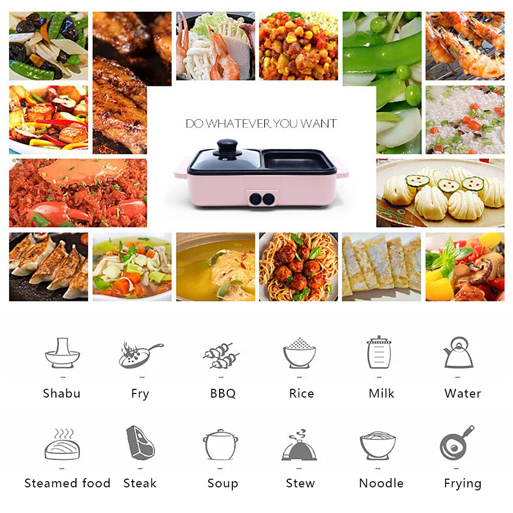 Mini Shabu Shabu Hot Pot & Grill 2-in-1 Electric Cooker - Non-Stick Indoor/Outdoor Party Appliance with Independent Temperature Control (Pink) - Perfect for Home Cooking, Camping & Family Gatherings