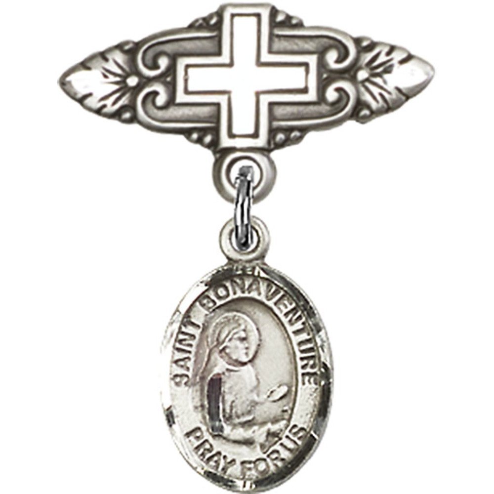 St. Bonaventure Sterling Silver Baby Badge with Cross Charm - 1 X 3/4 Inch Religious Pin for Baptism, Christening & First Communion Gifts