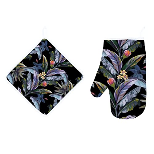Exotic Banana Leaves Tropical Flowers Black