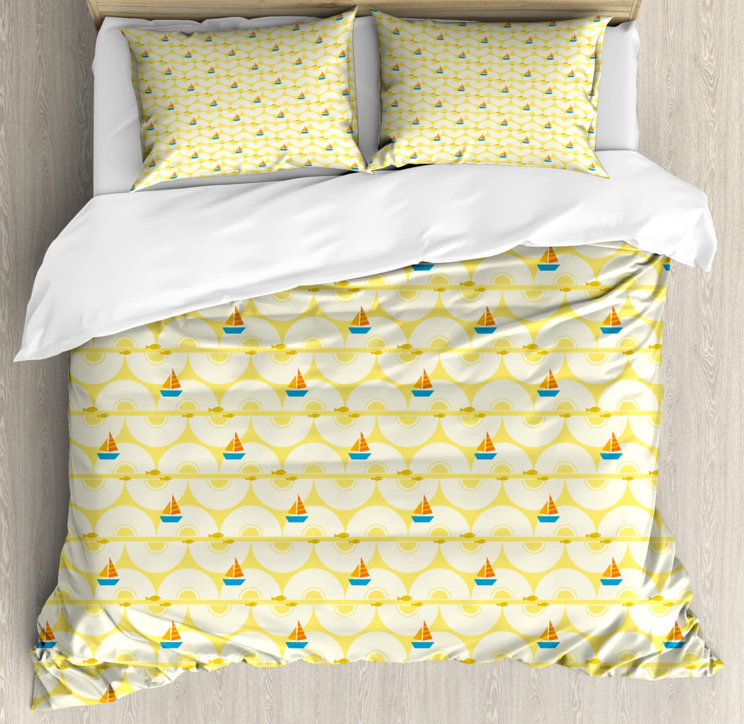 Ambesonne Nautical Cartoon Duvet Cover Set - Queen Size 2-Pack with 2 Duvet Covers & 4 Pillowcases, Marine Theme Boat and Fish Print, Colorful Sailing Doodle Design - Perfect for Kids' Bedrooms, Beach House Decor, and Themed Guest Rooms