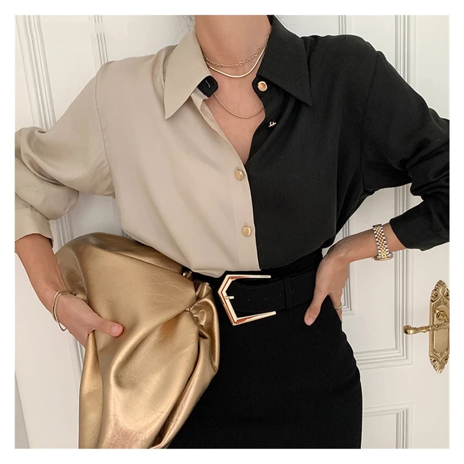 Elegant Women's Patchwork Long Sleeve Blouse with Turn-Down Collar - Loose Fit Single-Breasted Top for Casual Wear, Office & Date Night (Color: A, Size: One Size)