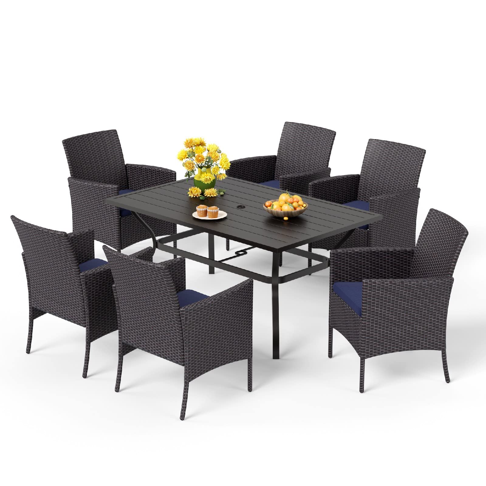 MFSTUDIO 7-Piece Outdoor Rattan Wicker Dining Set for 6 with Cushioned Chairs - Patio Furniture Set with Rectangular Table - Weather-Resistant Metal Frame - Perfect for Backyard, Garden, Poolside & Outdoor Entertaining