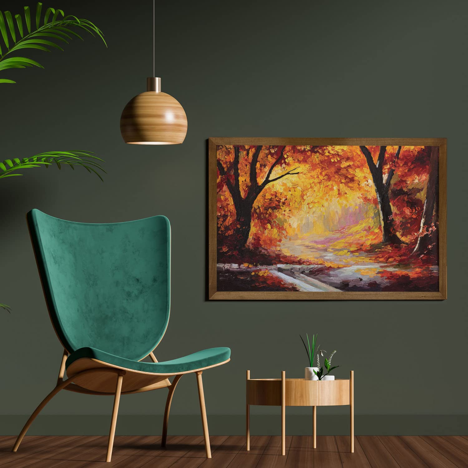 Ambesonne Autumn Forest Framed Wall Art - Hand-Painted Country Landscape with Fall Leaves, Teak Wood Frame Fabric Decor for Home, Dorm & Office (35