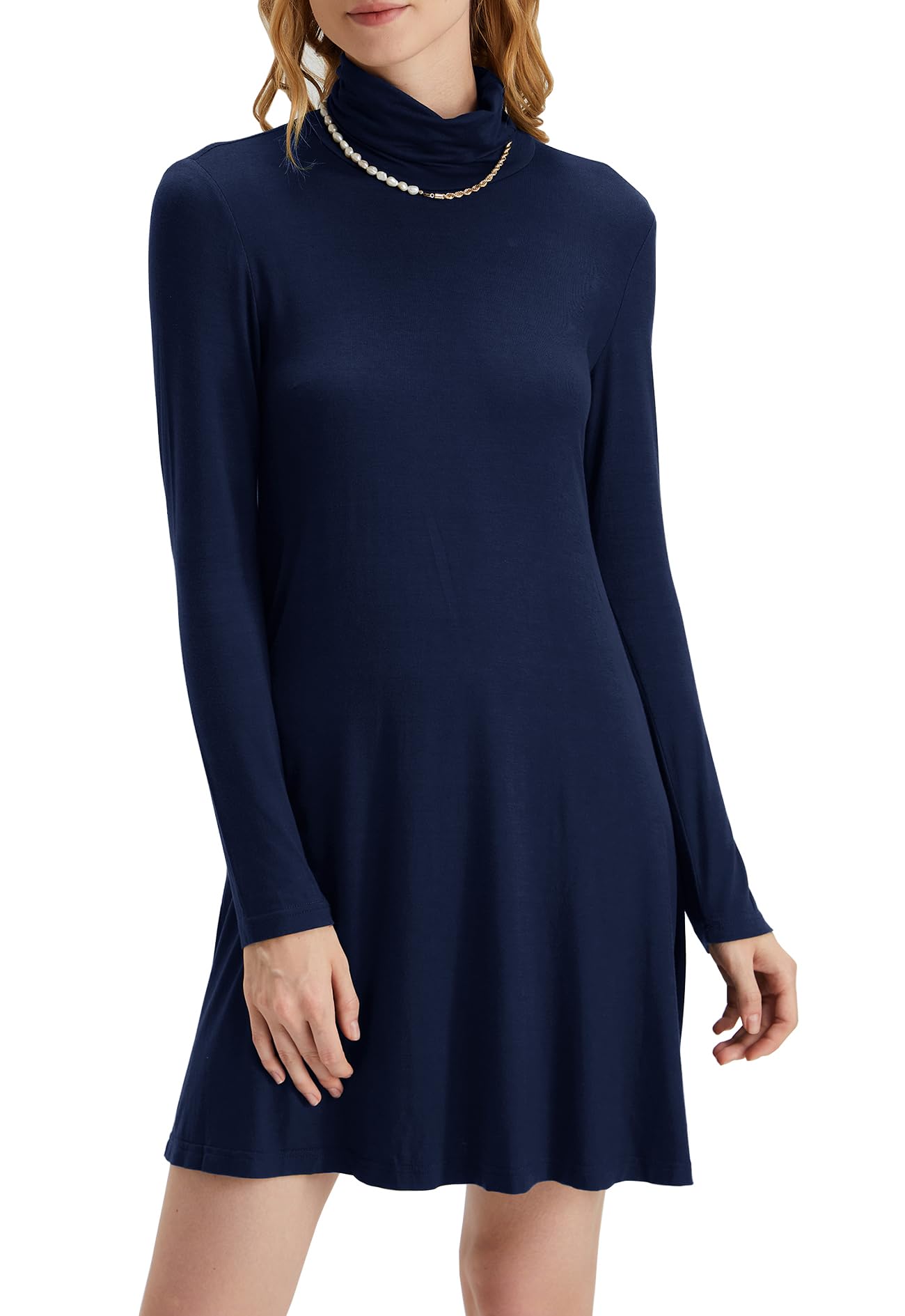 Women's Long Sleeve Turtleneck Casual Loose T-Shirt Dress - Comfortable Stretchy Knit Top for Everyday Wear, Office, Date Night & Fall Layering