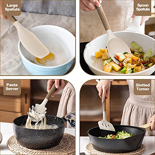 9Pcs Silicone Kitchen Utensil Set with Wooden Handle - Heat Resistant for Nonstick Cookware - Perfect for Baking & Cooking