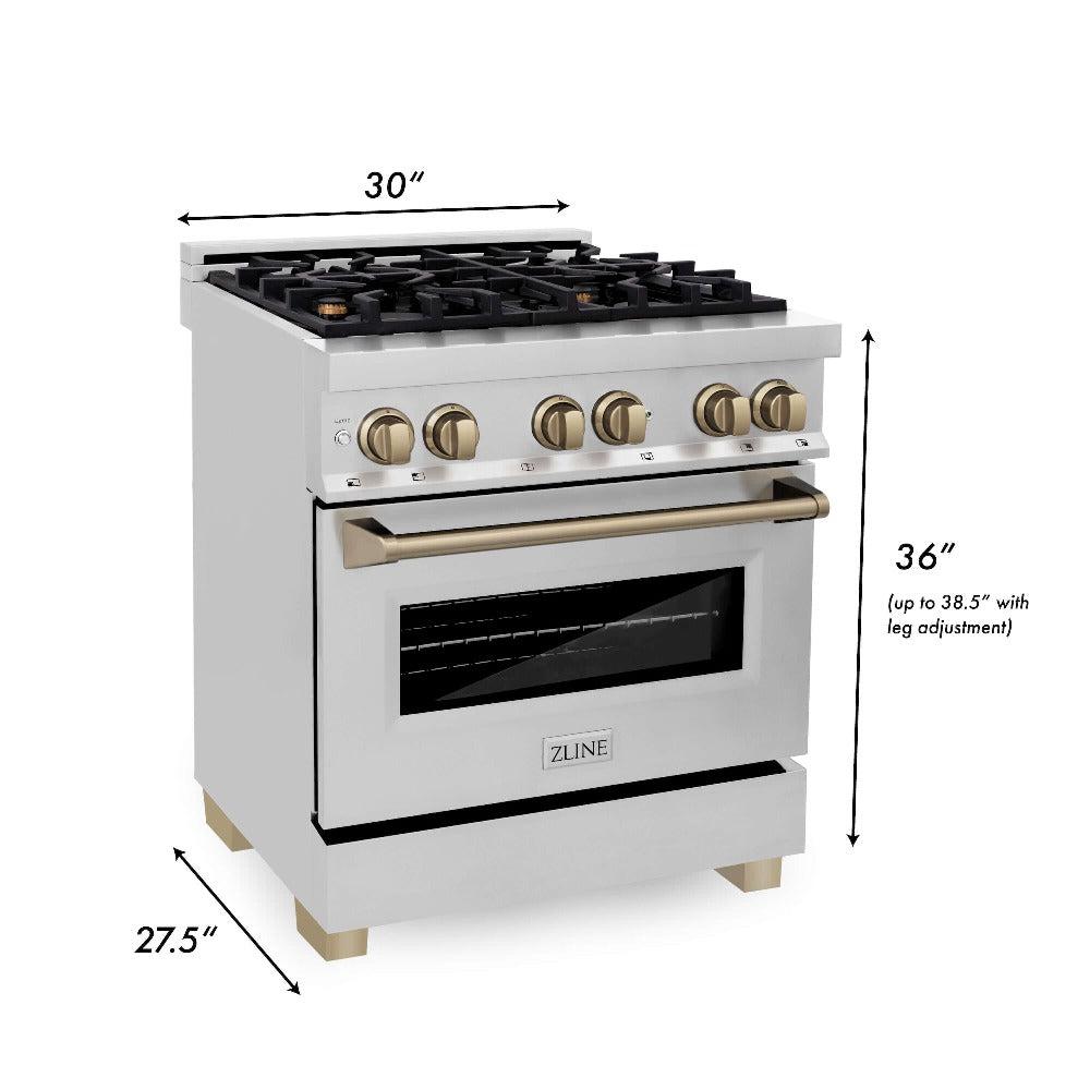 ZLINE Autograph Edition 30-inch Stainless Steel Dual Fuel Range Kitchen Package with Range Hood, Dishwasher & Refrigerator - Champagne Bronze Accents (4KAPR RARHDWM30 CB) | Premium Kitchen Appliances for Modern Homes & Professional Chefs