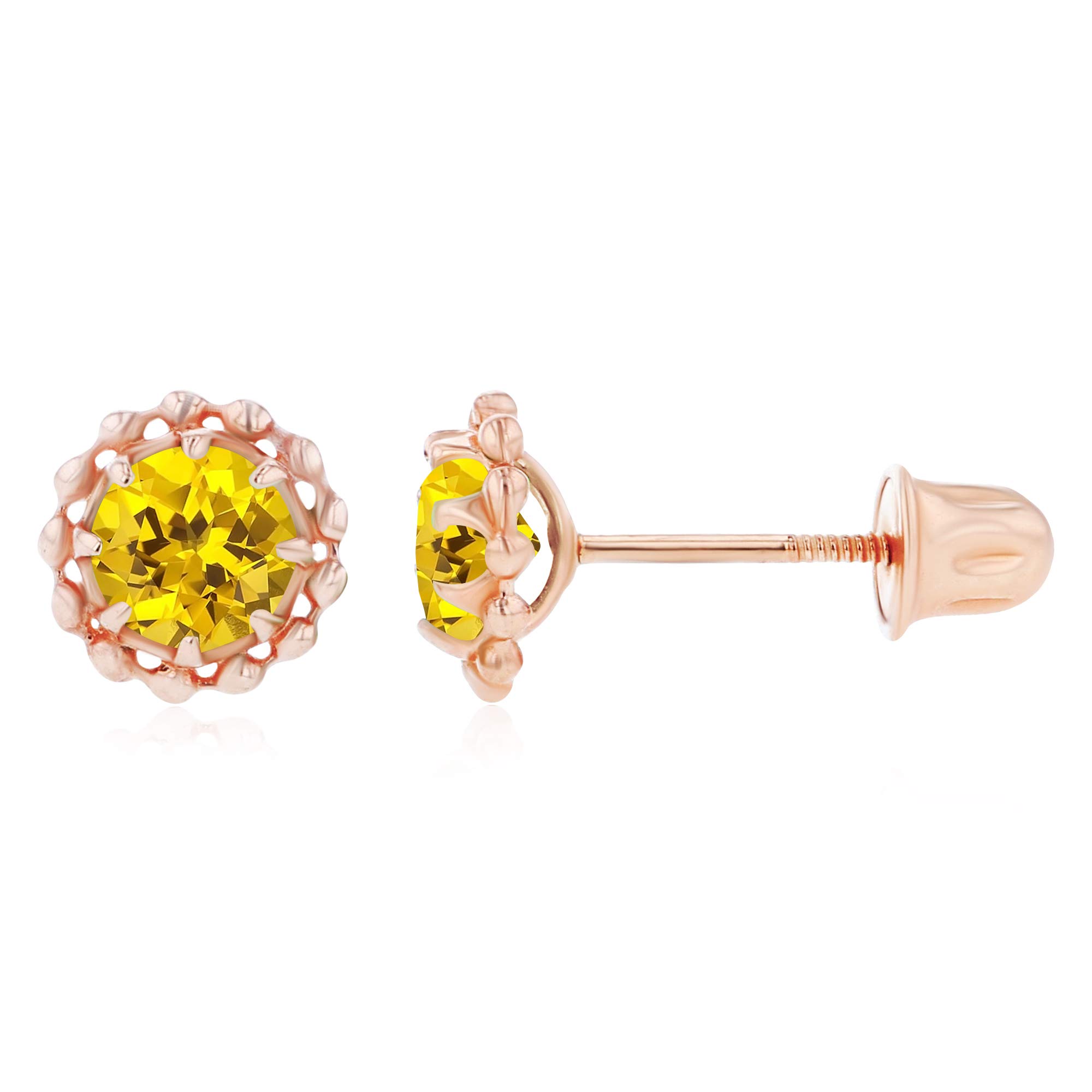14K Gold Textured Halo Birthstone Stud Earrings for Women - 6mm Screw Back Earrings with 4mm Round Natural Birthstone | Perfect for Gifts, Anniversaries, Weddings & Everyday Elegant Wear