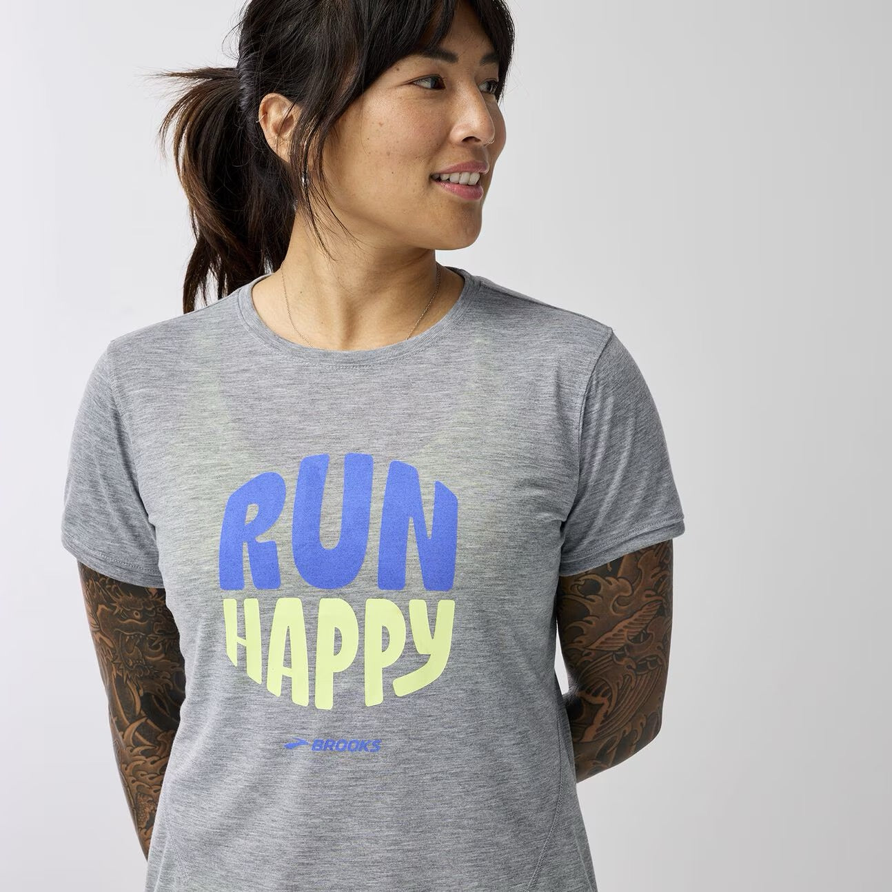 Women's Running Short Sleeve Shirt - Nike Distance 3.0 Tech Top in Heather Ash/Run Happy - Lightweight Moisture-Wicking Performance Tee for Jogging, Gym Workouts & Outdoor Activities