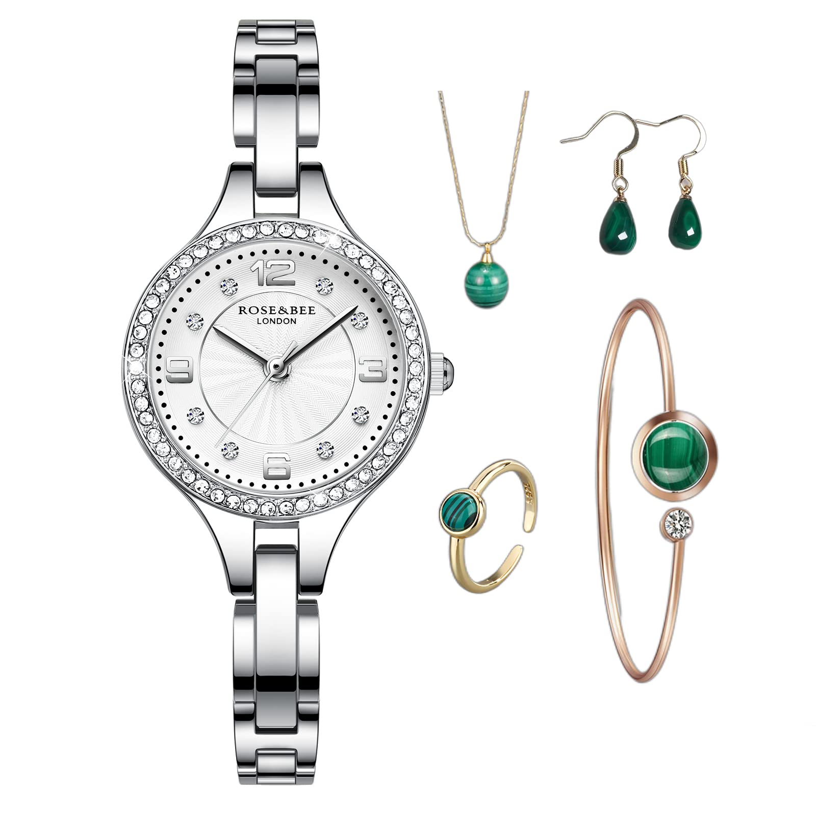 Rose&Bee Ultra Slim Diamond Women's Watch - White Stainless Steel Band with 4-Piece Accessory Set - Elegant Ladies Watch for Formal Events, Office Wear & Special Occasions - Perfect Rose Flower Gift Box Packaging