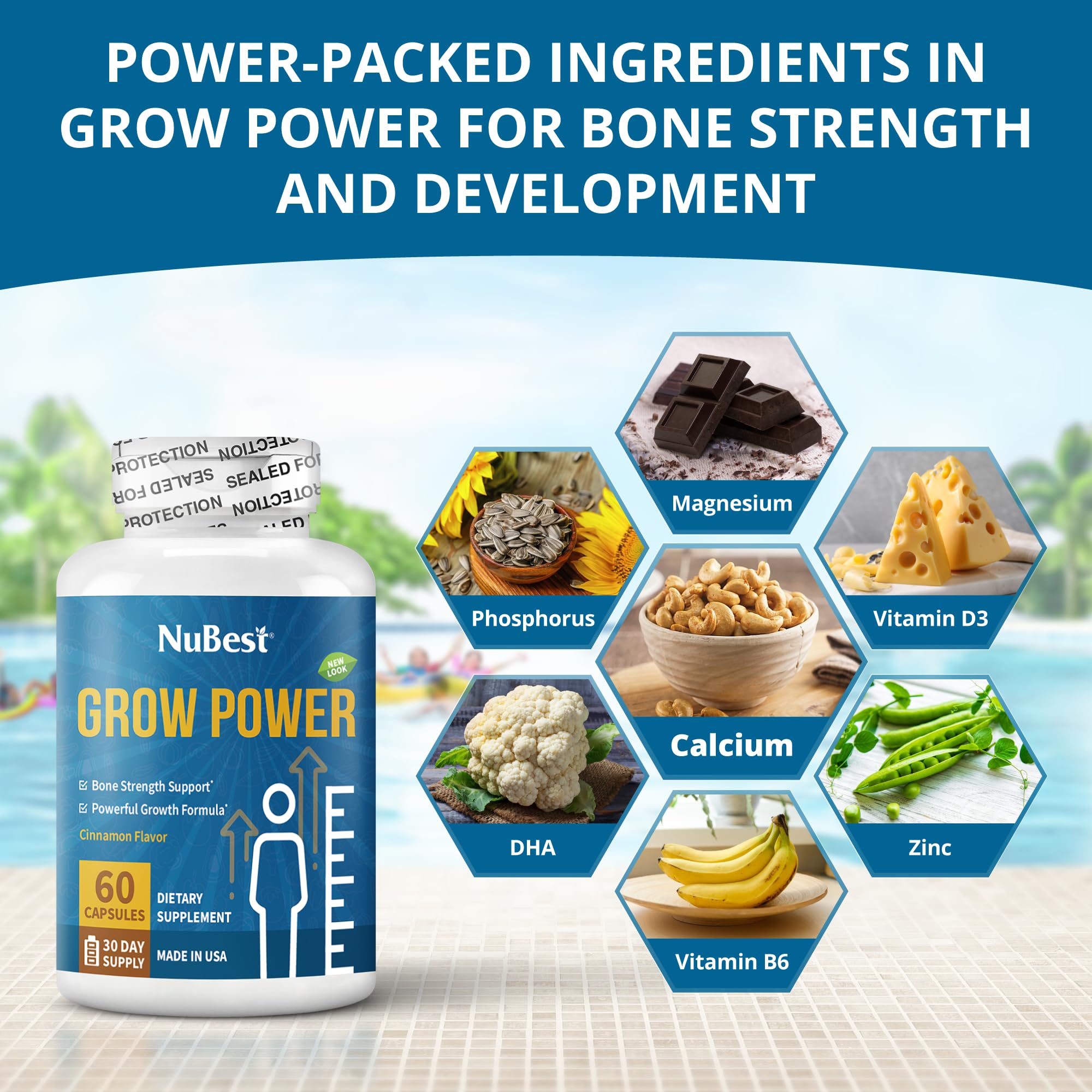 NuBest Grow Power Height Growth Supplement for Teens & Kids 10+ - Calcium, Vitamin D3, Phosphorus, Magnesium & Zinc Formula - Supports Bone Health & Natural Growth - 6 Pack - Perfect for Active Teens, Growing Kids & Height Development