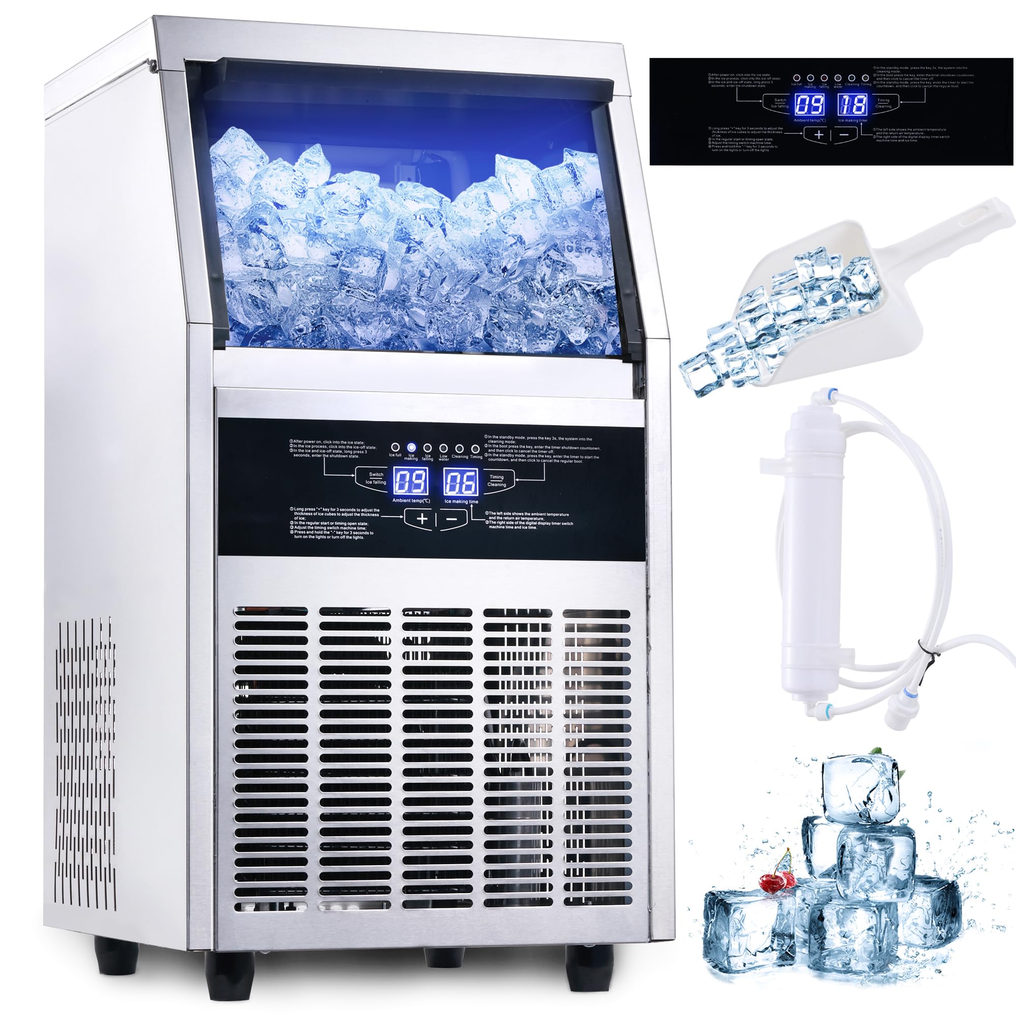 Commercial Ice Maker Machine 120 LBS/24H with 28LBS Storage Bin - Freestanding & Under Counter Ice Machine for Home, Party, Bar, Restaurant - Includes Water Filter, Scoop & Hose - Perfect for Entertaining, Beverage Service & Food Preservation