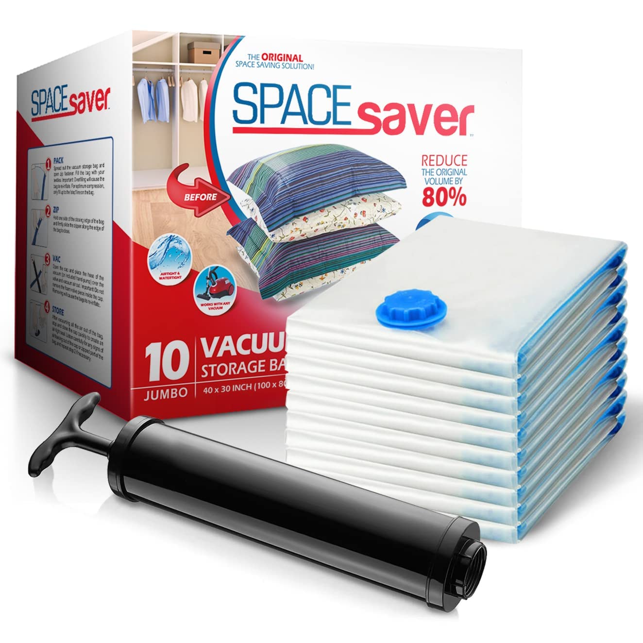 Spacesaver Vacuum Storage Bags - Jumbo 10 Pack for Clothes, Comforters & Blankets | Save 80% Storage Space | Heavy Duty Compression Seal Bags for Bedding, Seasonal Clothing & Travel | Perfect for Closet Organization & Space Saving