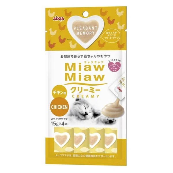 Aixia Miaw Miaw Creamy Purée Cat Treats 15g x4 Pack - Healthy & Delicious Creamy Cat Snacks for Adult & Senior Cats - Perfect for Training, Rewards or Bonding Time with Your Feline Friend