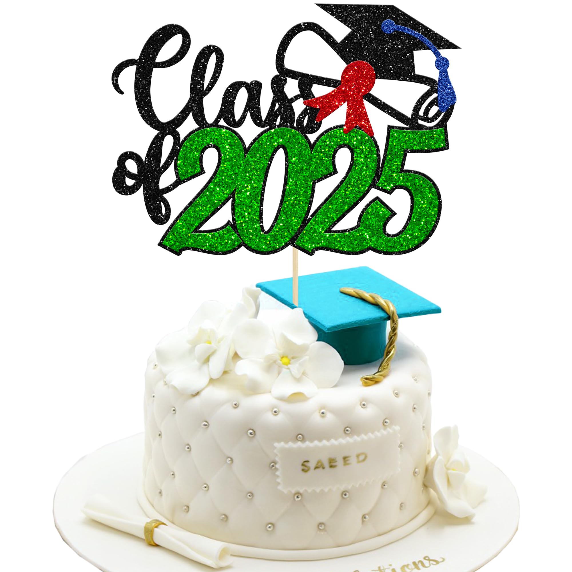 Gyufise 1 Pack Green Glitter Class of 2025 Cake Topper - Happy Graduation Decorations for Grad Party, Graduation Ceremony & Celebration Supplies - Perfect for Graduation Cakes, Cupcakes, Desserts & Party Decor