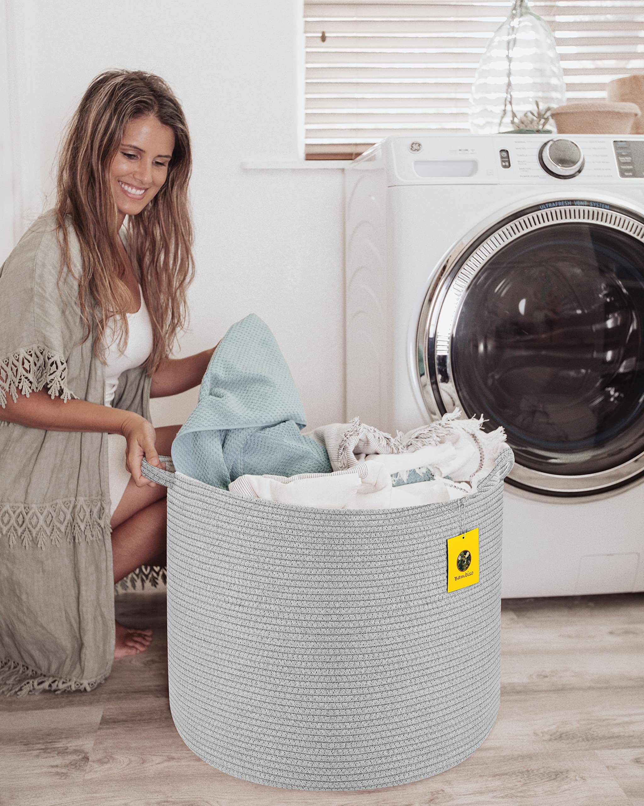 Large Cotton Rope Storage Basket 22x22x16 Inches - Light Grey Woven Hamper for Blankets, Toys, Laundry | Nursery Organizer & Home Decor Basket | Perfect for Bedroom, Playroom or Bathroom Storage