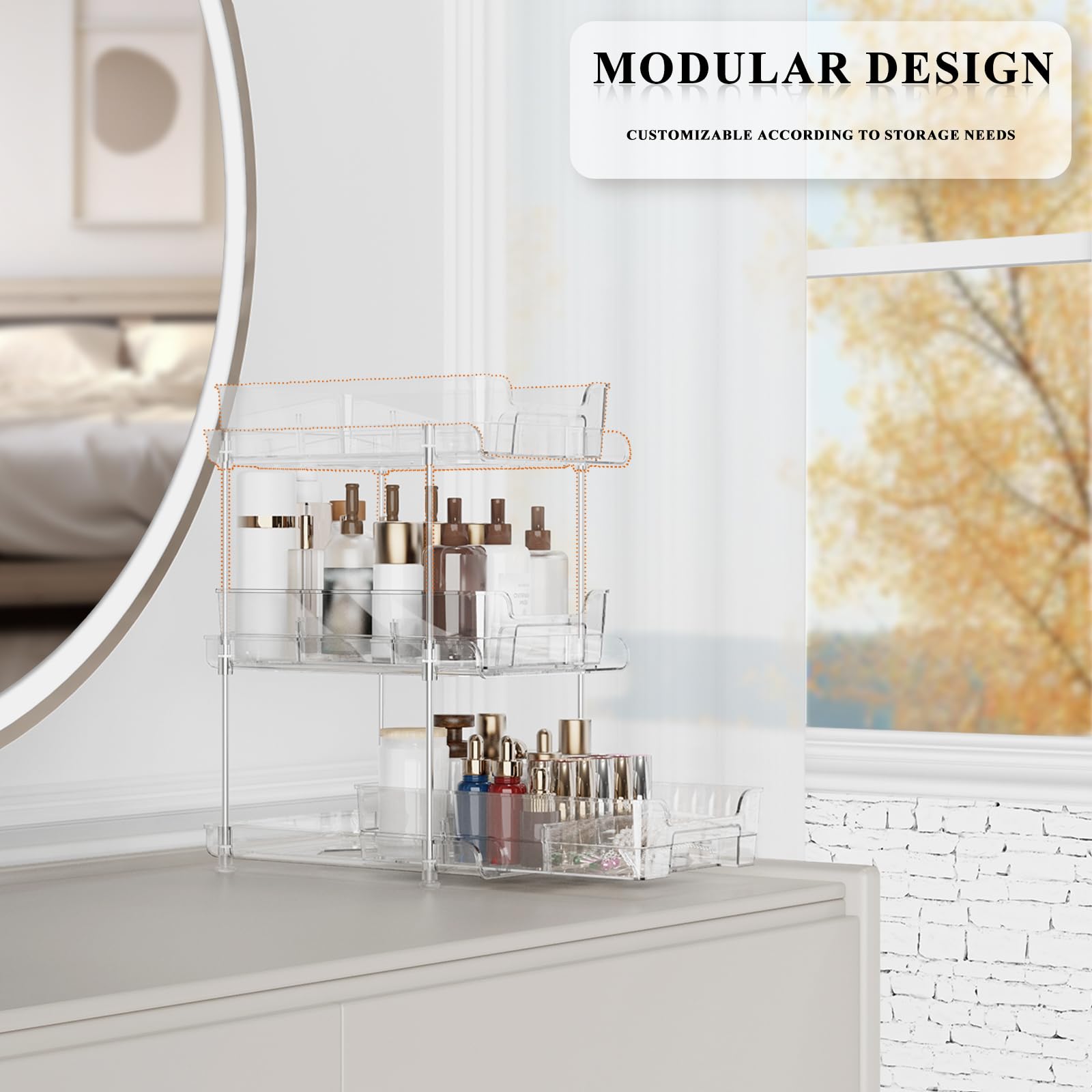 GUOMIS Under Sink Organizer - 2 Tier Sliding Shelf with Dividers for Kitchen & Bathroom Storage | Space-Saving Cabinet Organizer for Cleaning Supplies, Sponges & Toiletries