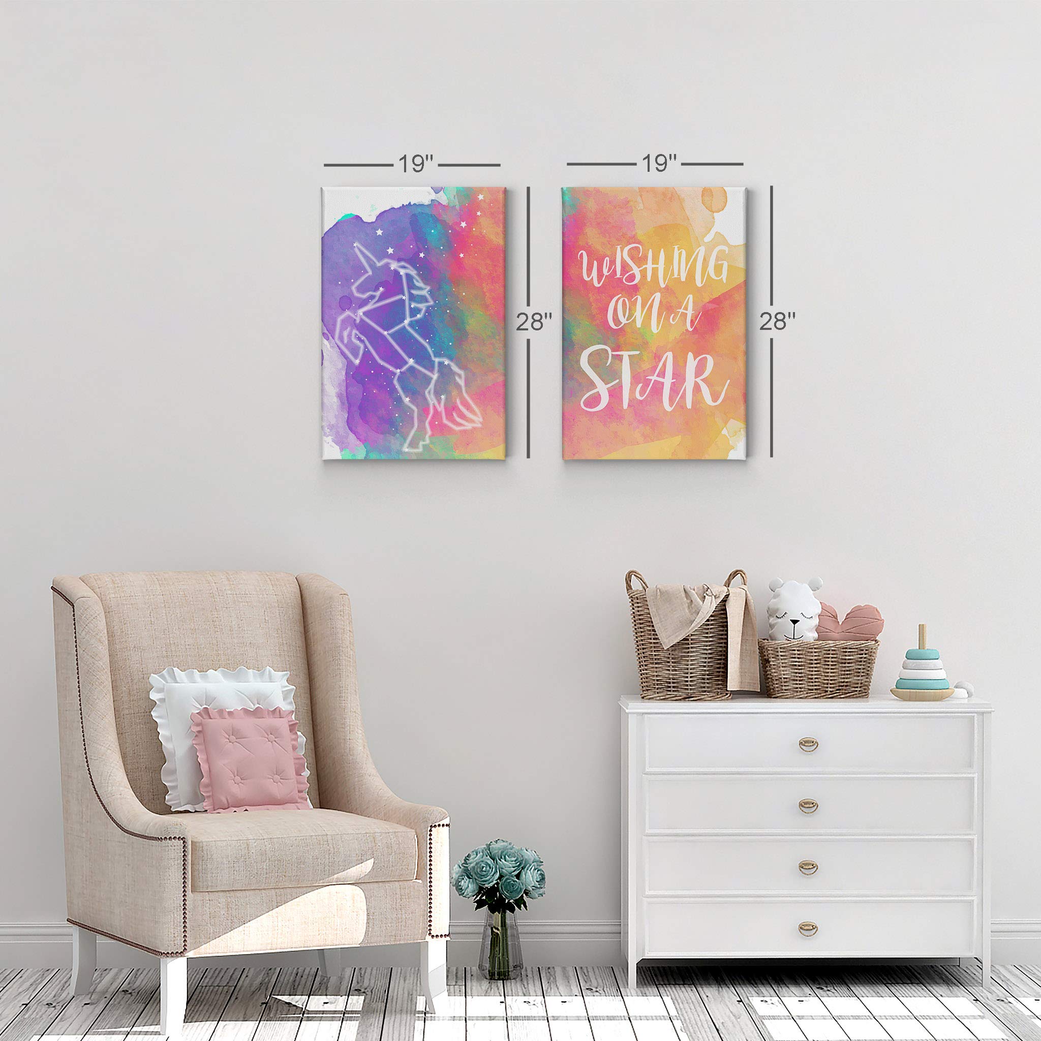 Smile Art Design Cute Unicorn Wall Art - 2 Panel Canvas Print Set with Wishing on a Star Quote (40x30 inches) - Perfect for Kids Room Decor, Nursery Decor & Baby Shower Gift - Made in USA - Rolled Canvas for Easy Framing - Ideal for Bedroom, Playroom & Children's Birthday Gift
