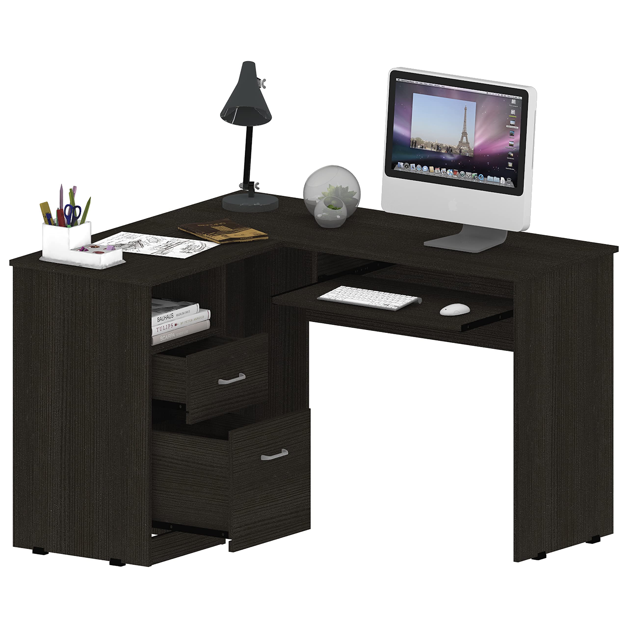 Modern L-Shaped Office Desk with 2 Drawers, Storage Shelf & Keyboard Tray - Black - Perfect for Home Office, Gaming Setup & Small Workspaces
