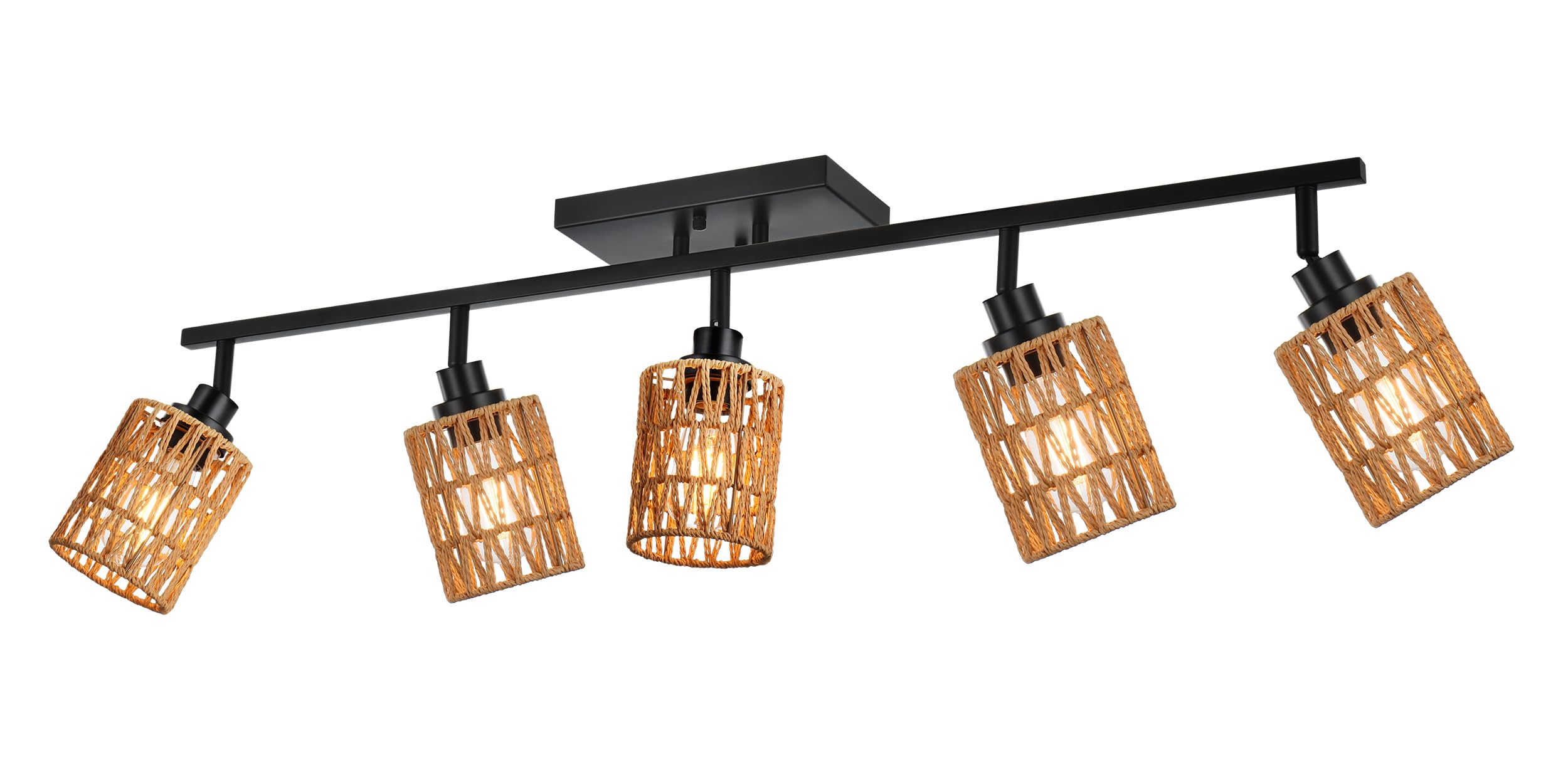 MELUCEE 5-Light Black Track Ceiling Light Fixture with Rattan Shade - Farmhouse Vanity Lighting for Bathroom, Hallway, Porch & Foyer - Adjustable Rotatable Spotlight Heads for Perfect Ambience