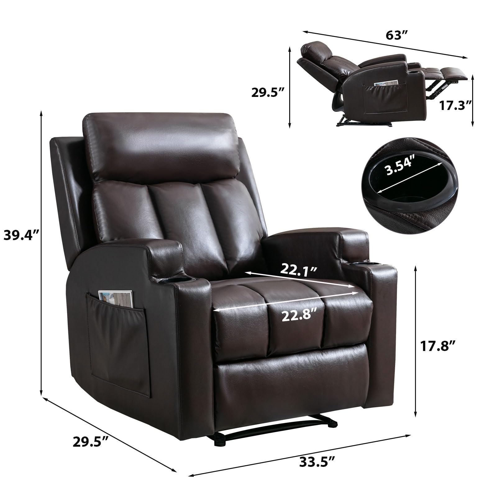 Phoenix Home Manual Recliner Chair with Massage & Heat - Ergonomic Overstuffed Fabric Recliner with Side Pockets, Cup Holders & Remote Control - Perfect for Living Room & Bedroom Relaxation (Brown)