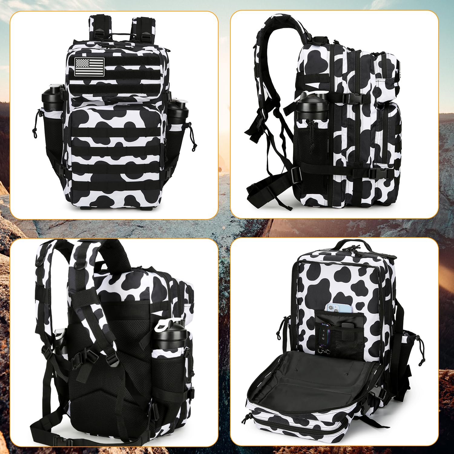 25L Tactical Backpack - Military Grade Molle Backpack for Men & Women - Small Assault Pack for Outdoor Travel, Hiking, Camping & Survival Gear - Durable Cow Print Rucksack for Adventure & Everyday Use