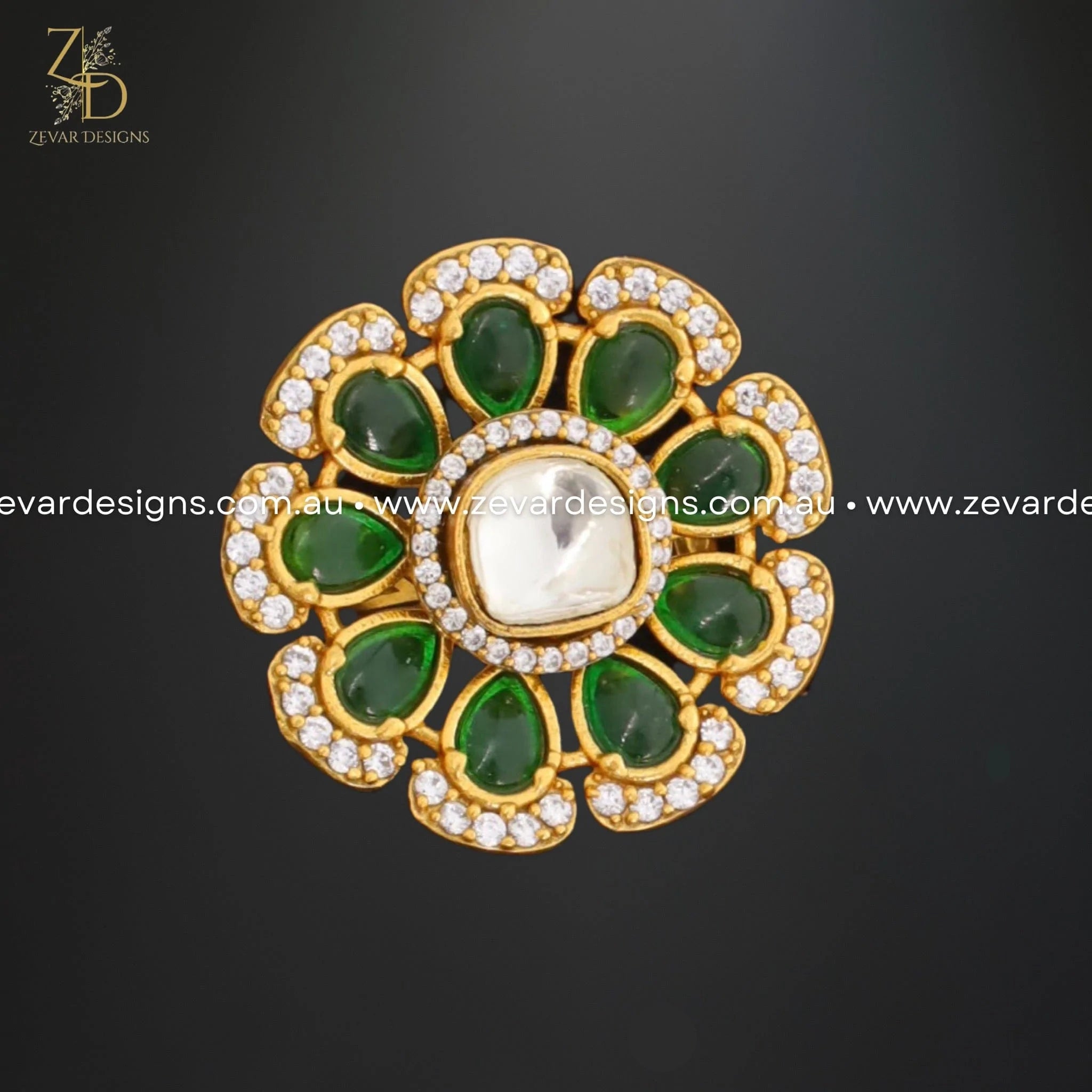 Kundan AD Revolving Ring - Emerald Green Jewelry for Women | Elegant Rotating Cocktail Ring for Parties, Weddings & Special Occasions