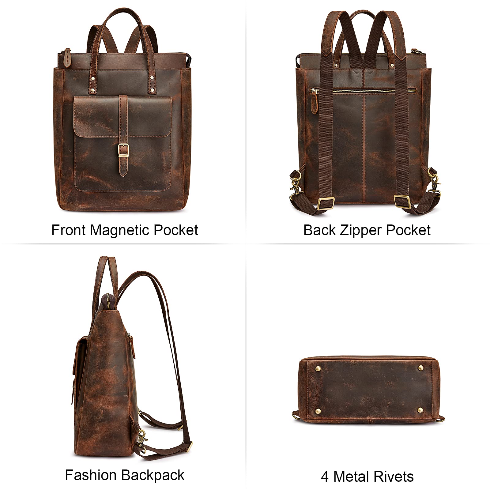 S-ZONE Women's Genuine Leather Backpack Purse - Vintage Retro Top Handle Tote Bag for Work, Travel & College | Durable Leather Backpack with Adjustable Straps