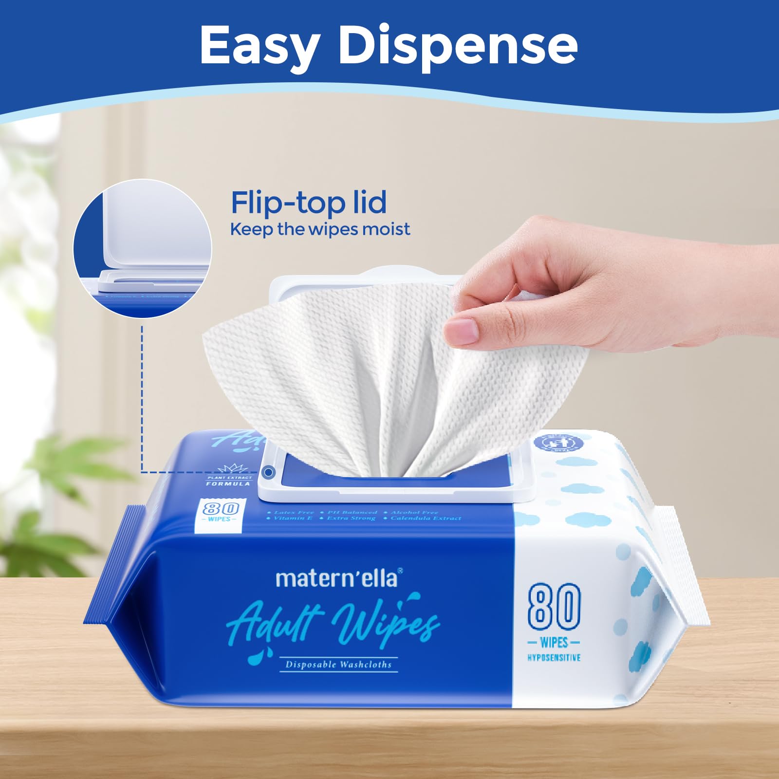 MATERN'ELLA Adult Wet Wipes for Incontinence Care - 80 Count Alcohol-Free Cleansing Wash Cloths with 99% Water, Gentle for Elderly & Personal Hygiene - Ideal for Home Care, Travel & Hospital Use
