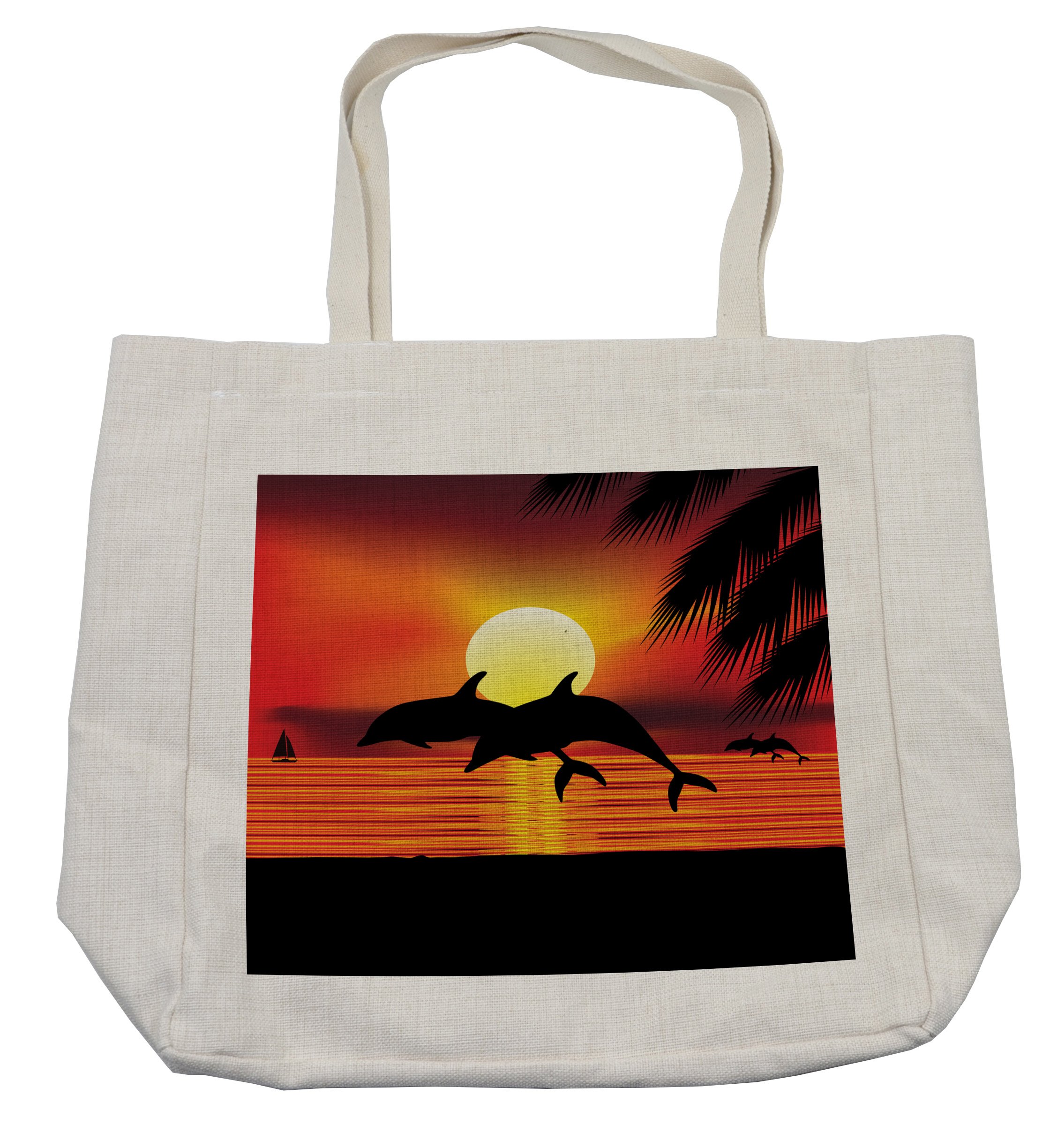 Eco-Friendly Reusable Whale Shopping Bag with Ocean Sunset Dolphins & Palm Leaves Design - 15.5