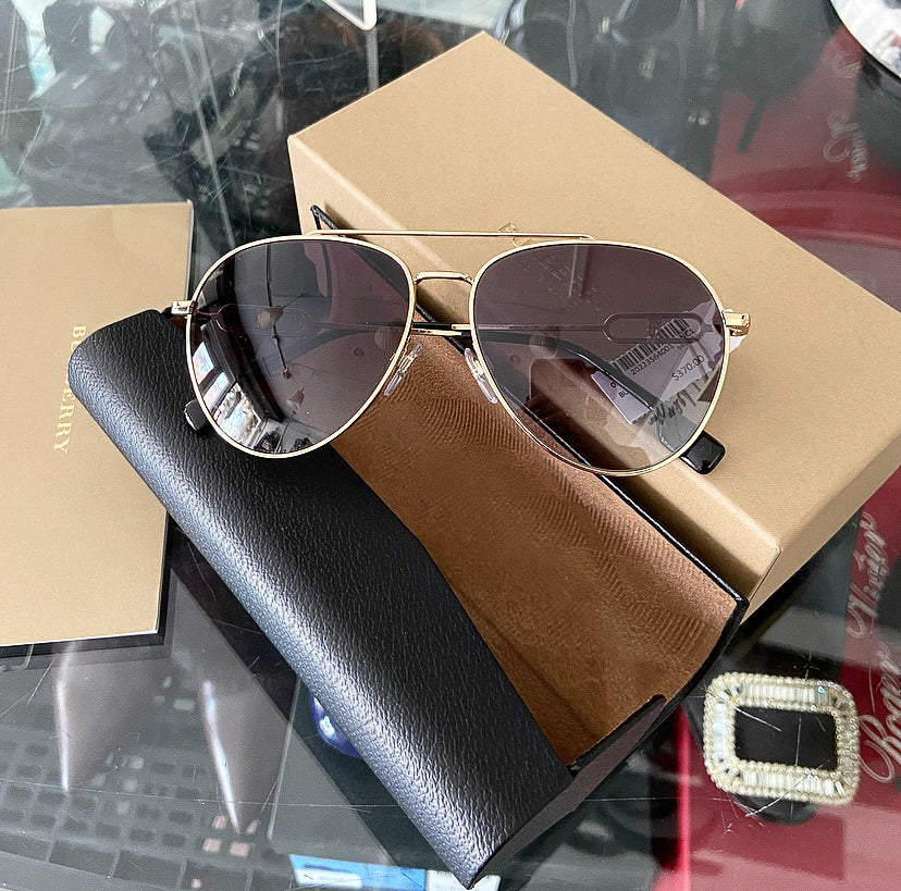 Burberry Gold Framed Aviator Sunglasses for Women & Men - Luxury Polarized UV Protection - Perfect for Driving, Travel & Outdoor Activities