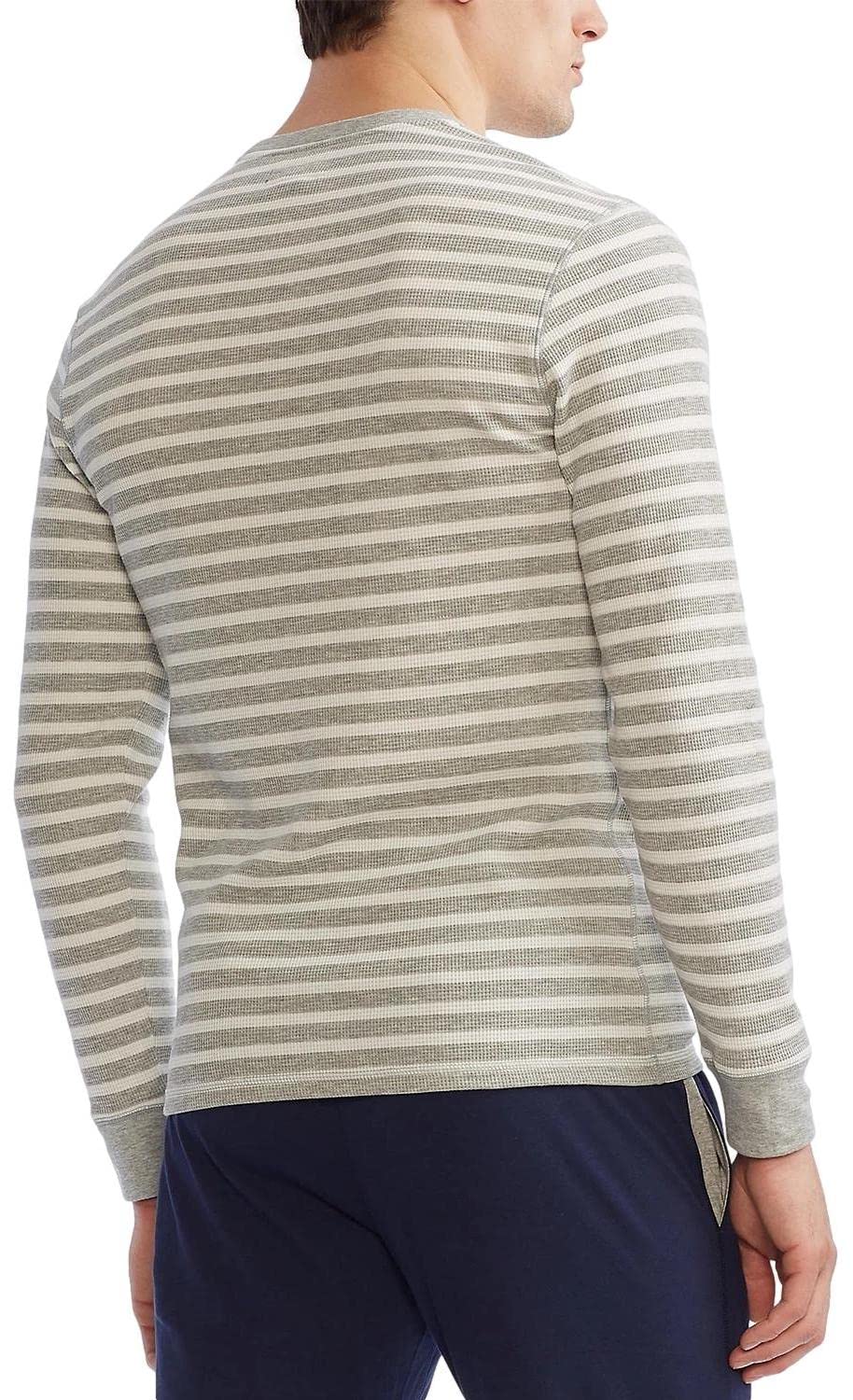 Polo Ralph Lauren Men's Long Sleeve Waffle Knit Crewneck Sleep Shirt - Comfortable Grey Stripe Loungewear for Relaxing at Home & Travel, Size L
